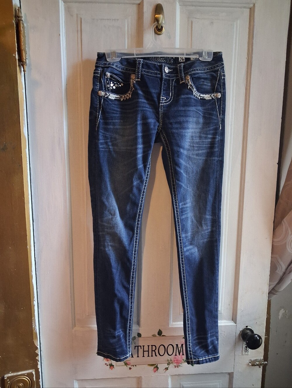 Miss Me Indigo Skinny Jeans with Rhinestone & Leopard Trim 26"x30"